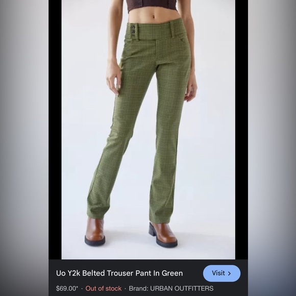 NWT Urban Outfitters Y2k Plaid Green Wide Belted Boot Flare Pants sz 14 - Picture 6 of 9